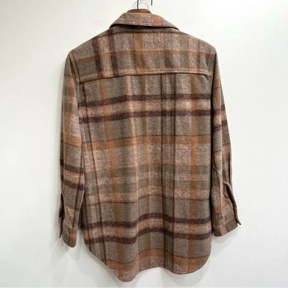 Beachlunchlounge neutral tan brown plaid shirt shacket woman’s size small - Picture 2 of 8